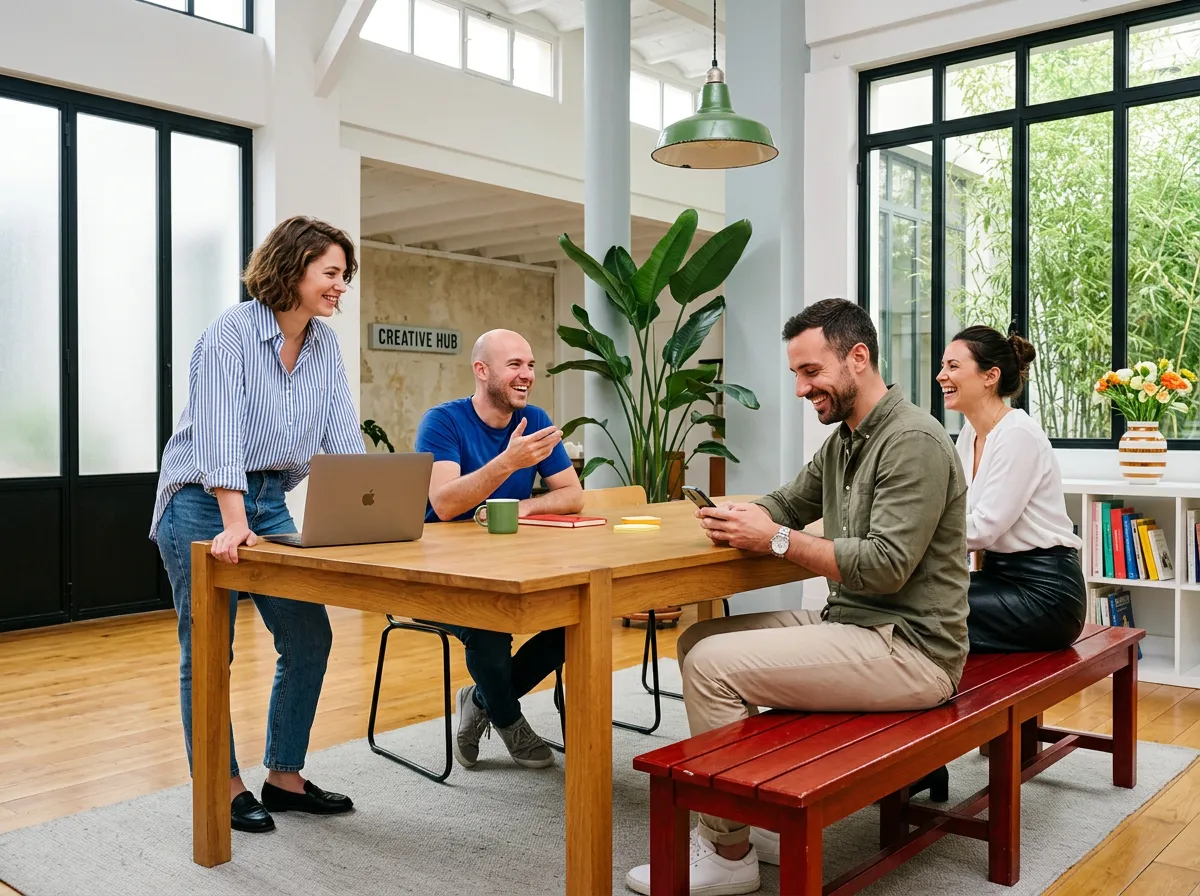Startup team collaborating around a shared workspace