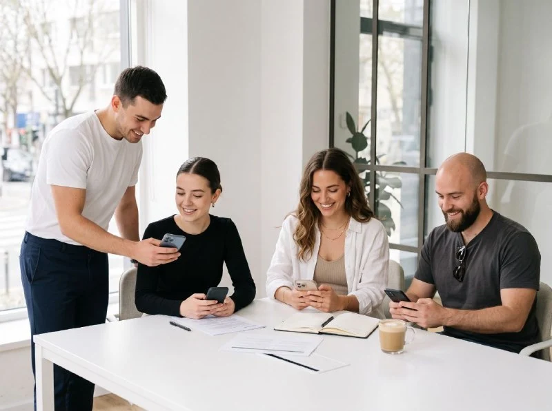 A team gathered around a table coordinating work on their phones