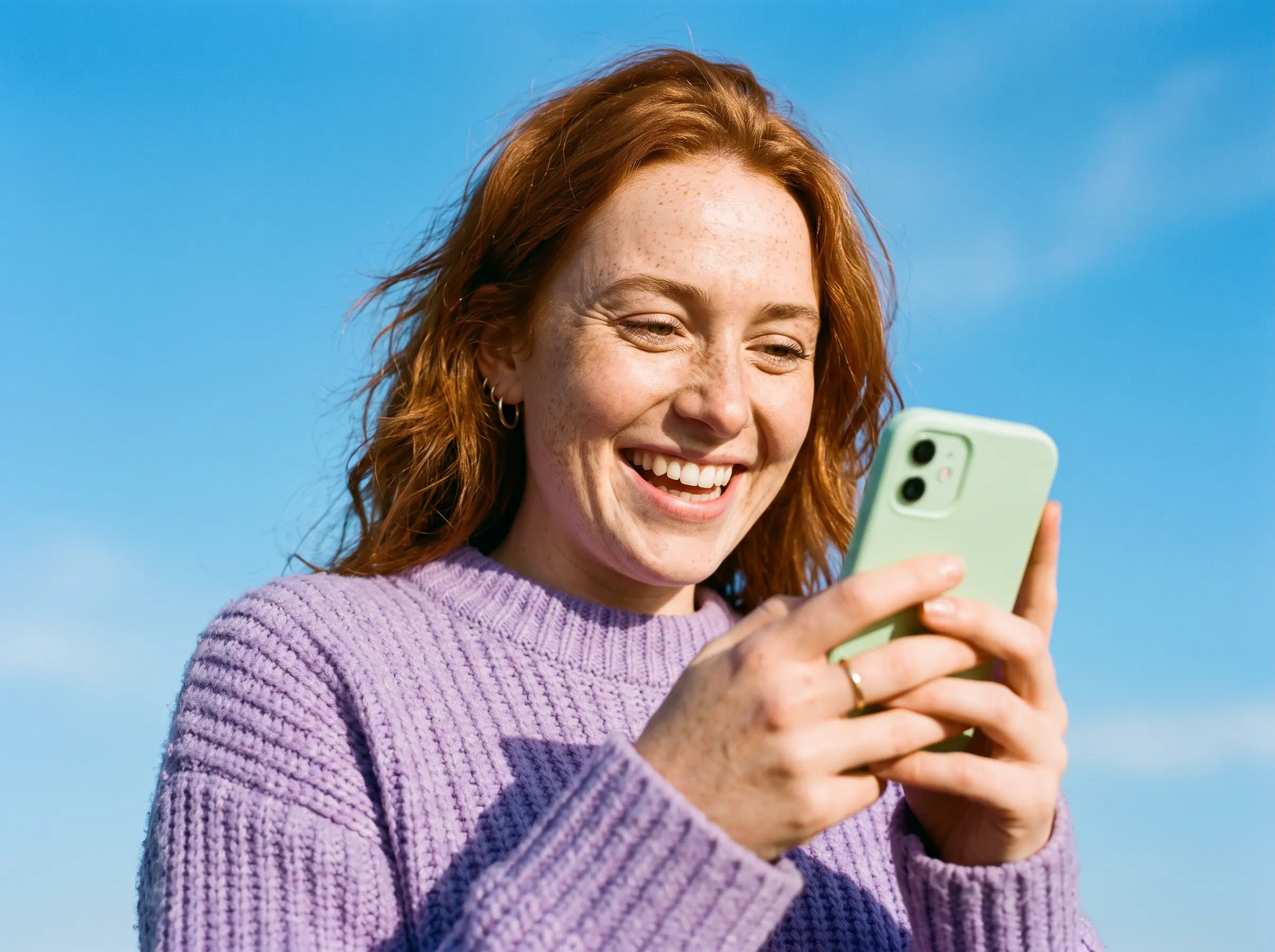A smiling woman using iMOX on her phone