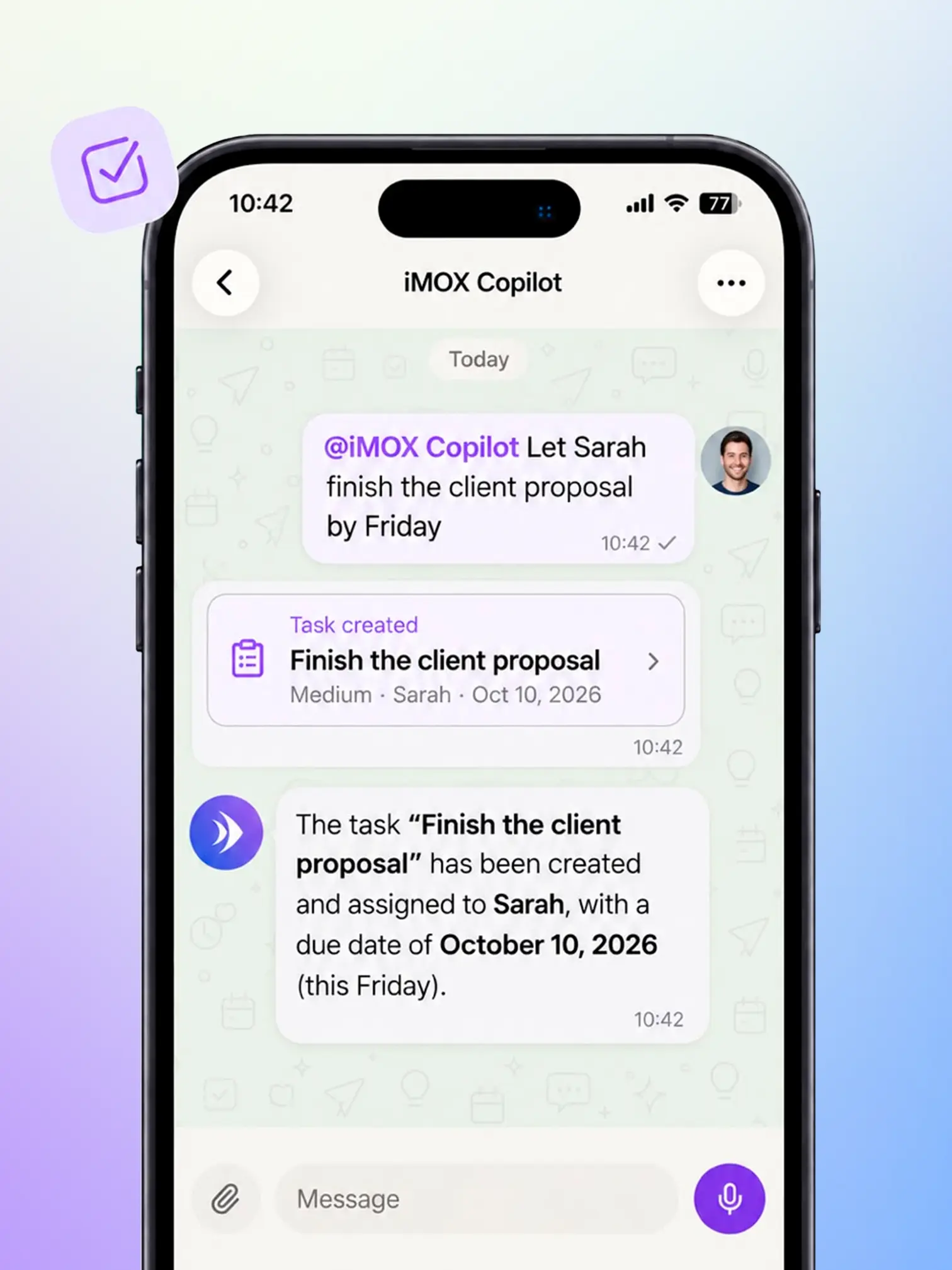 iMOX creates a task from a natural chat message